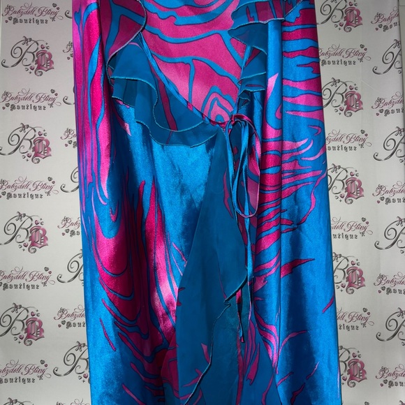 Hawaii Wrap dress satin silky shiny metallic blue & pink gorgeous beach coverup - Picture 5 of 8